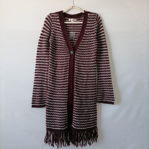 Decree Womens Maroon Red Long Sleeve Fringe Hem Striped Cardigan Sweater Size L - Picture 1 of 6